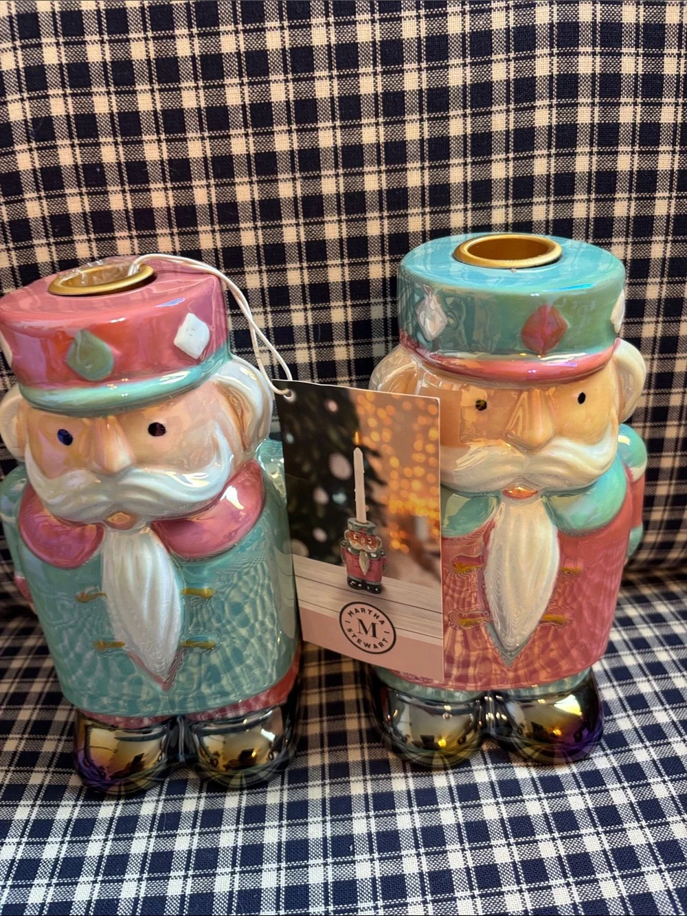 Martha Stewart Pastel Nutcracker Ceramic Candle Holders – Mint & Pink